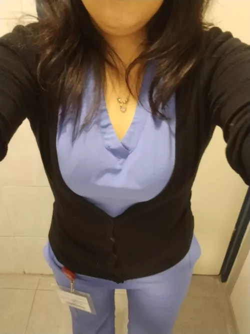 My small natural and pretty breasts in the blue scrub