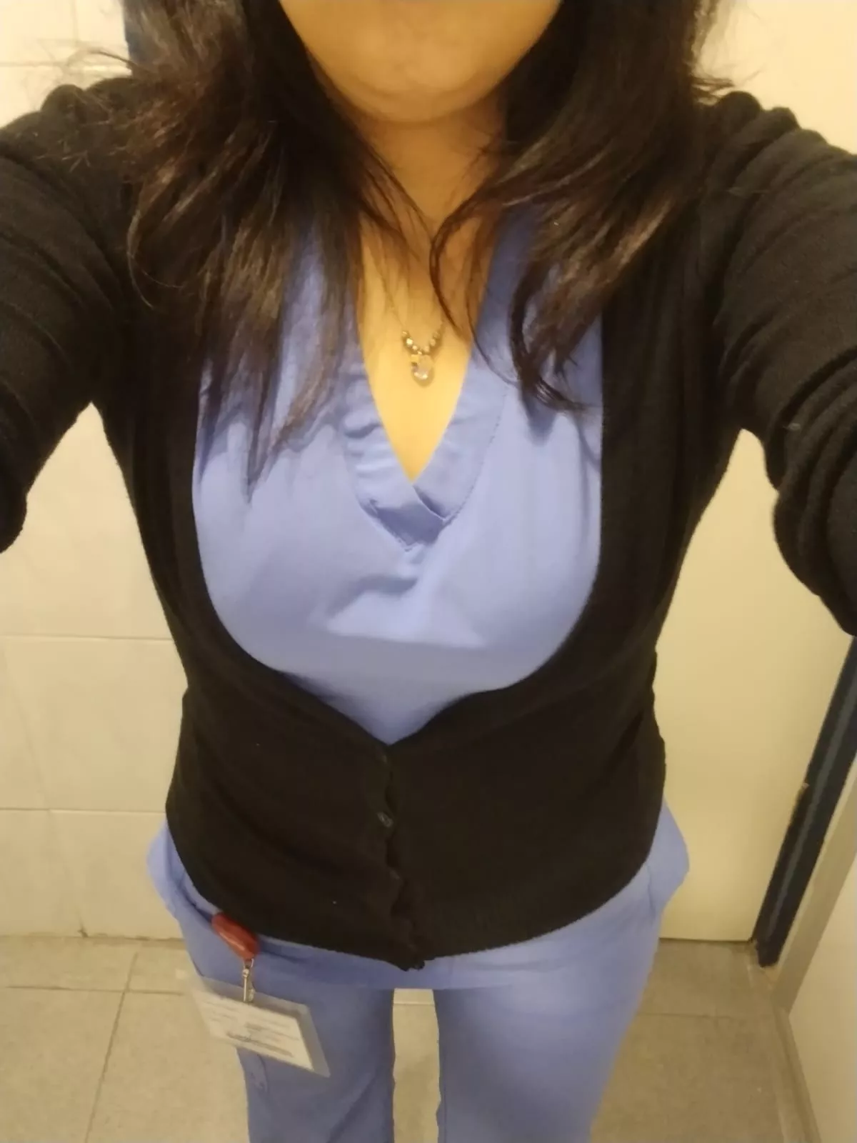 My small natural and pretty breasts in the blue scrub