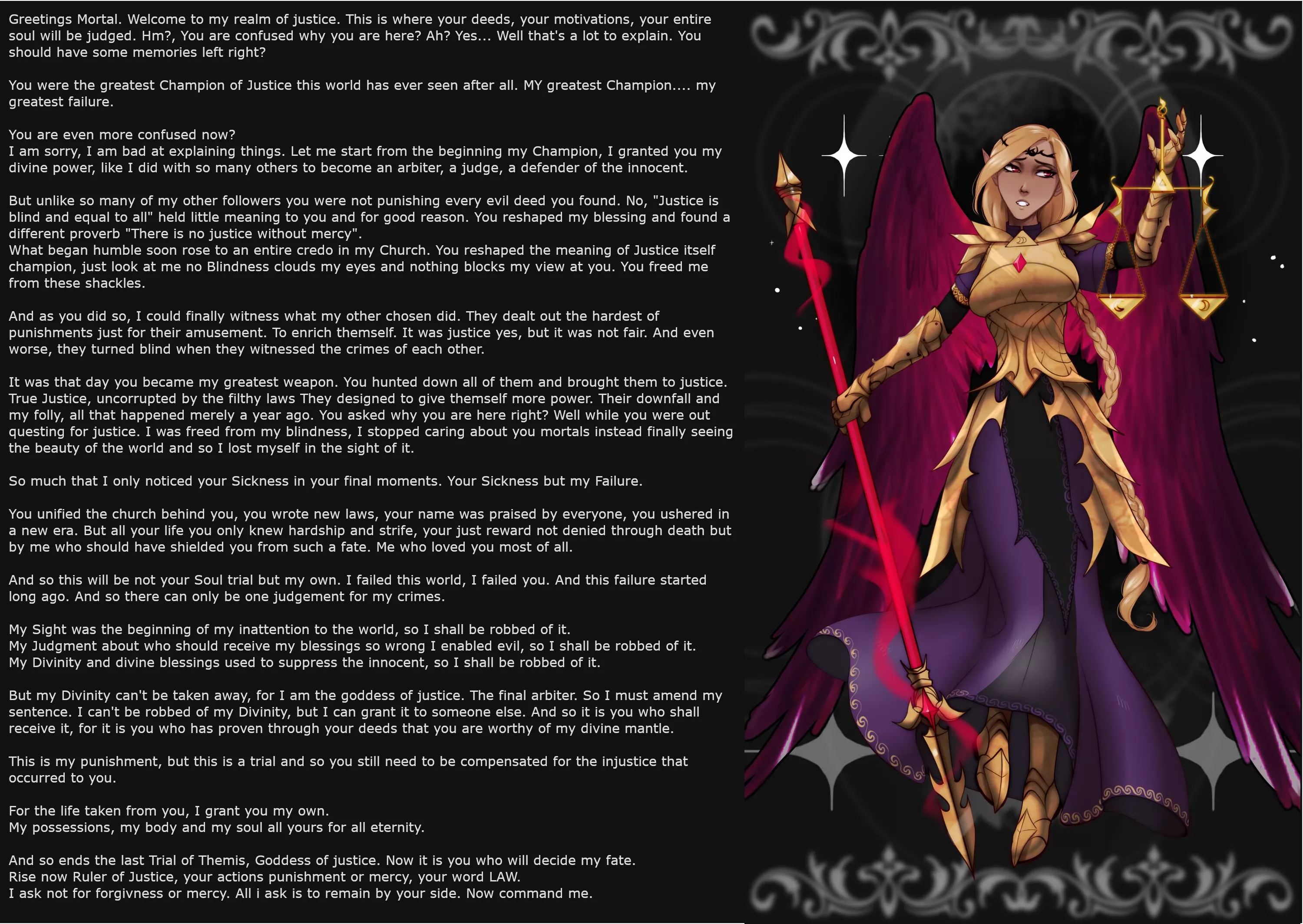 The Trial of a Goddess of Justice [Intro] [Slave] [No Sex] [Femsub] [Power loss] [Male POV] Artist: HorniOni