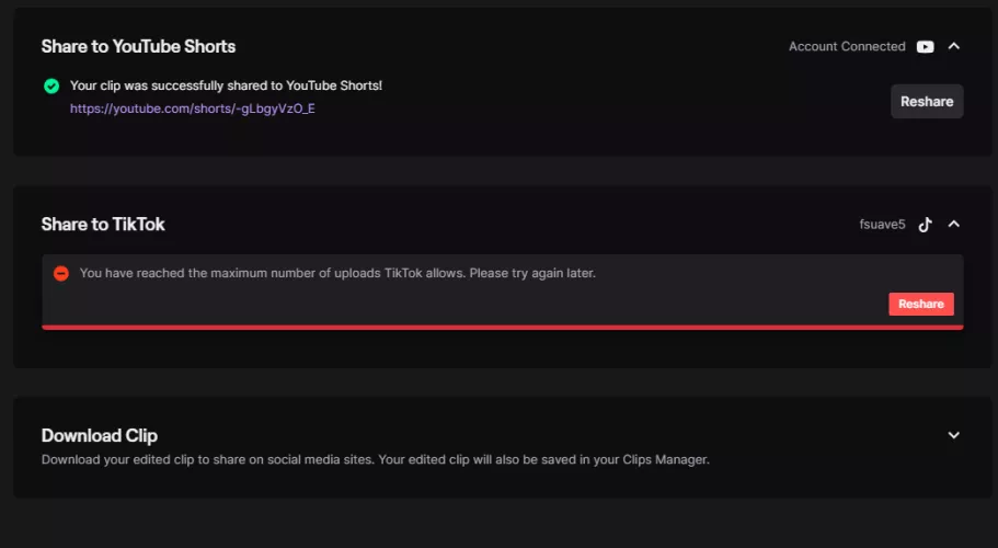 was using the new integrated editor to farm old clips for tiktok content and was met with this. i only made 5 and saved them all to the drafts instead of posting immediately. how long until i can do more? this is super inconvenient.