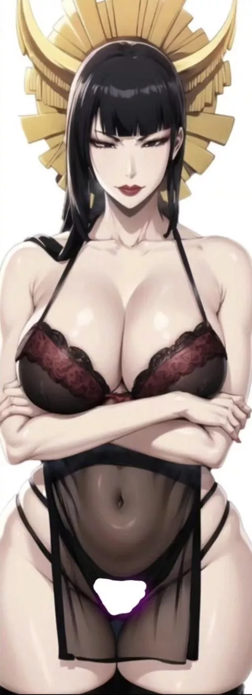 LF Color Source: 1girl, Senjumaru Shutara, white background, black hair, long hair, bangs, hime cut, large breasts, underwear, lingerie, gold headdress, makeup, lipstick, crossed arms, exposed stomach, looking at viewer
