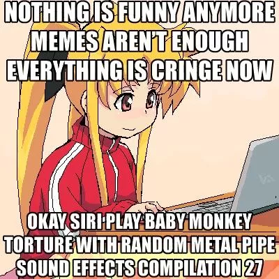 LF Color Source: Meme, red tracksuit, ribbon, yellow hair, pixelated, laptop, brown eyes, 1girl, 