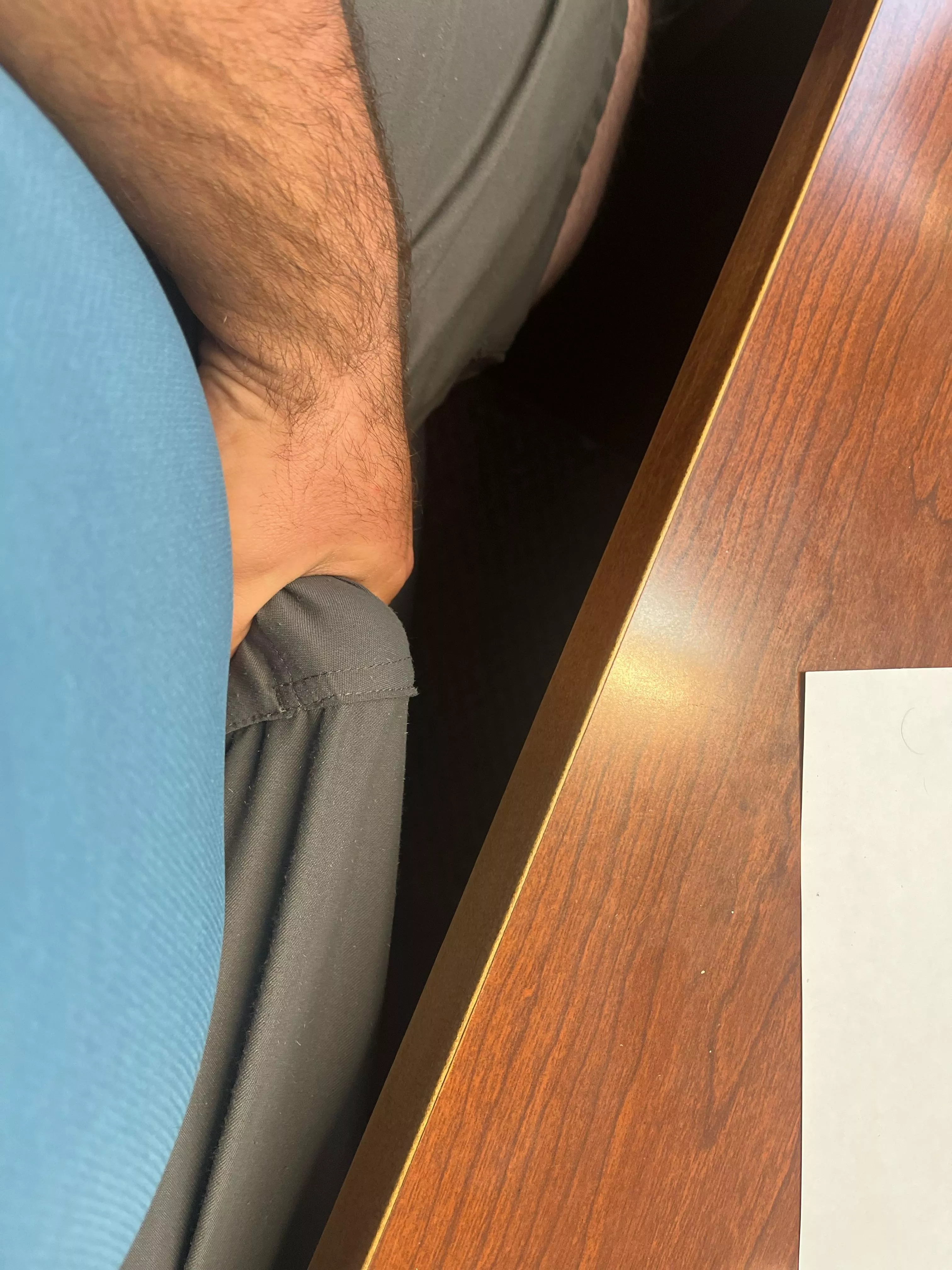 When you are hard as a rock at work, slow stroking it through my shorts hoping a customer don’t come in right now. M4F