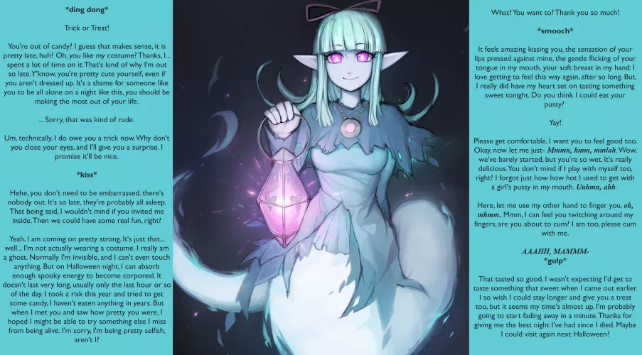 [F4F] The Midnight Trick or Treater [Contest entry][F4M version in comments][Ghost Girl][Moster Girl][Cunnilingus][Blowjob]Artist:Fiship