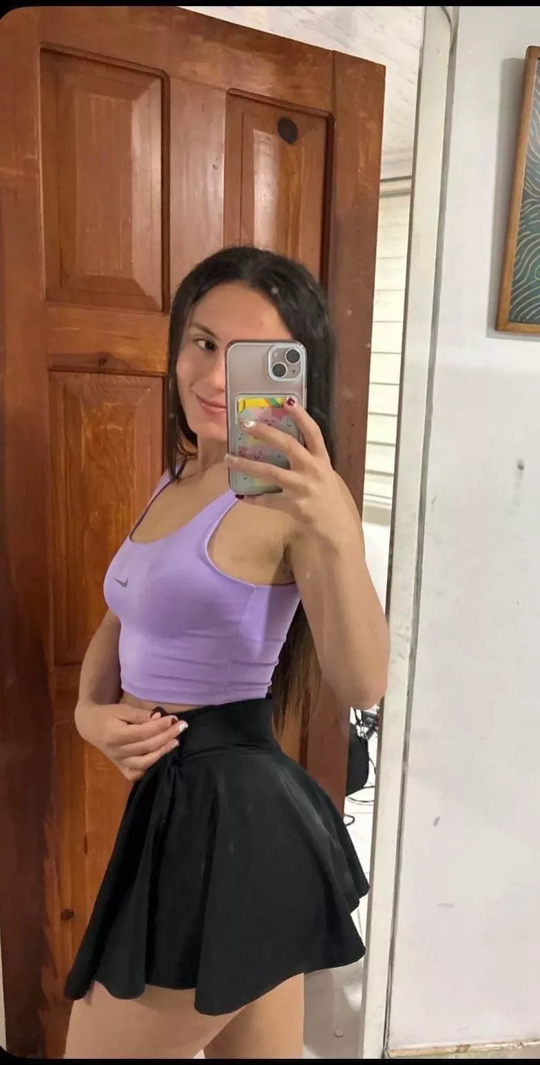 Miniskirt and sports bra, what I should I take off first?