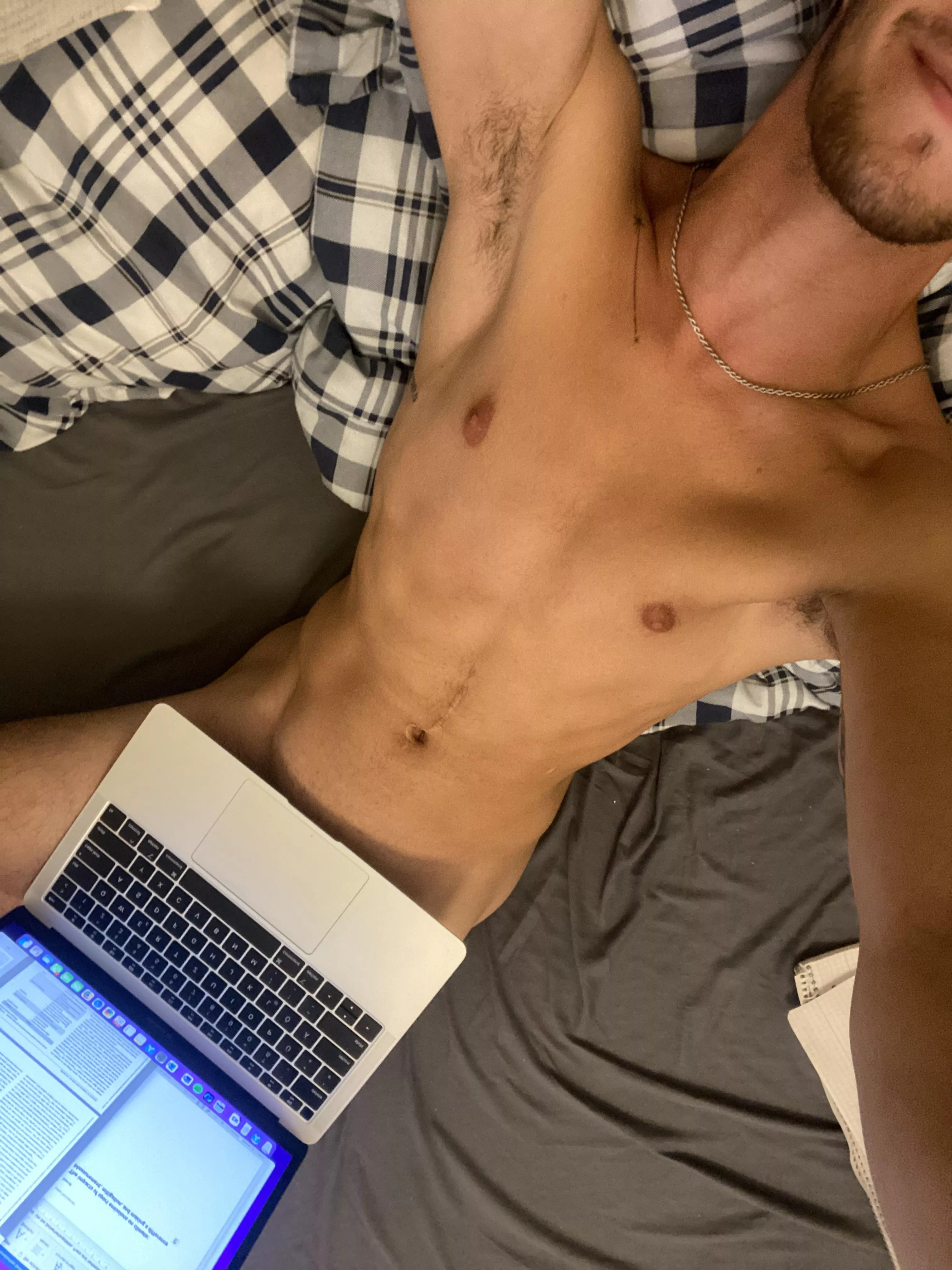 Studying naked in bed would be a shame if someone happens to blow me
