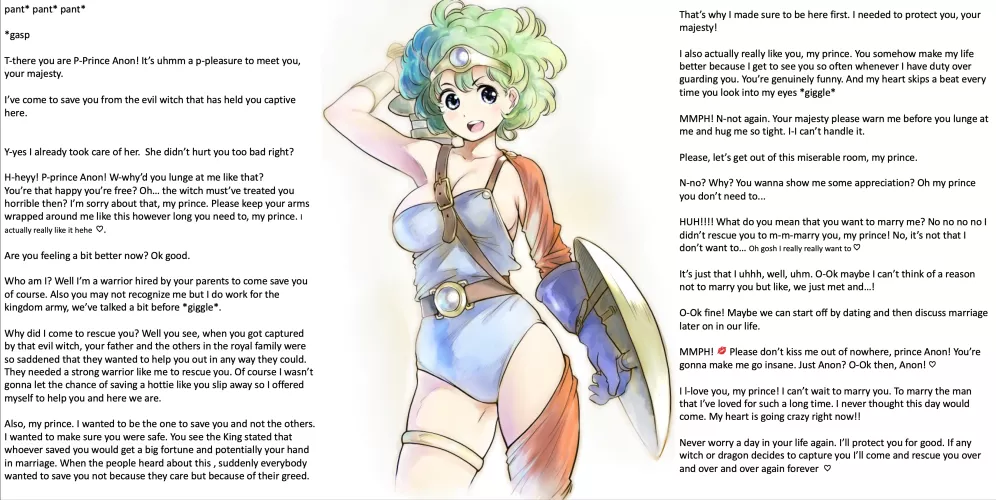 Your knight in shining armor [Wholesome] [somewhat strangers to lovers] [loving] [no sex] [knight] [saving you] [playful] [marriage proposal] Artist: Twinpoo