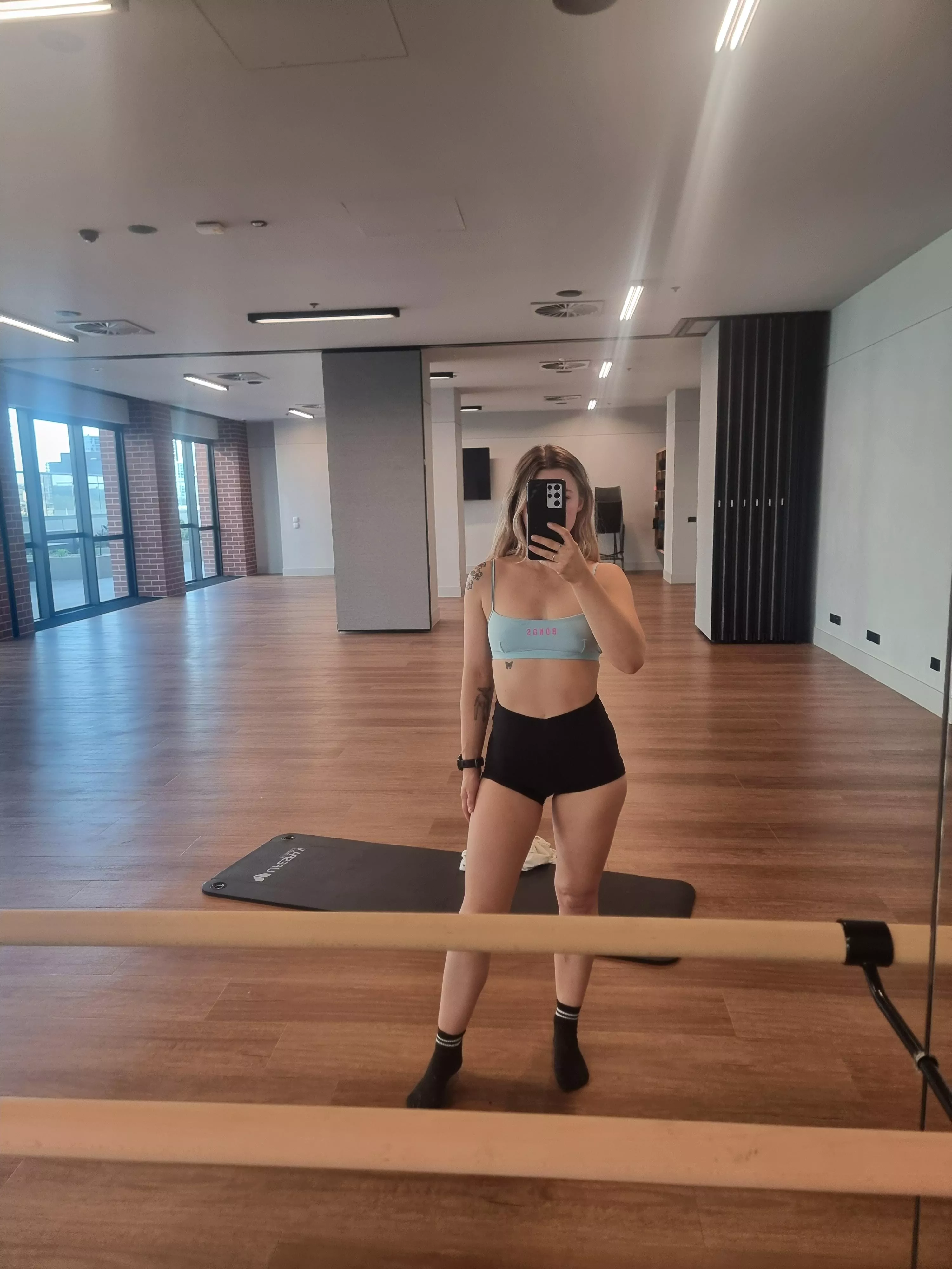 Ready for my daily yoga! Wearing shorts because I get really sweaty