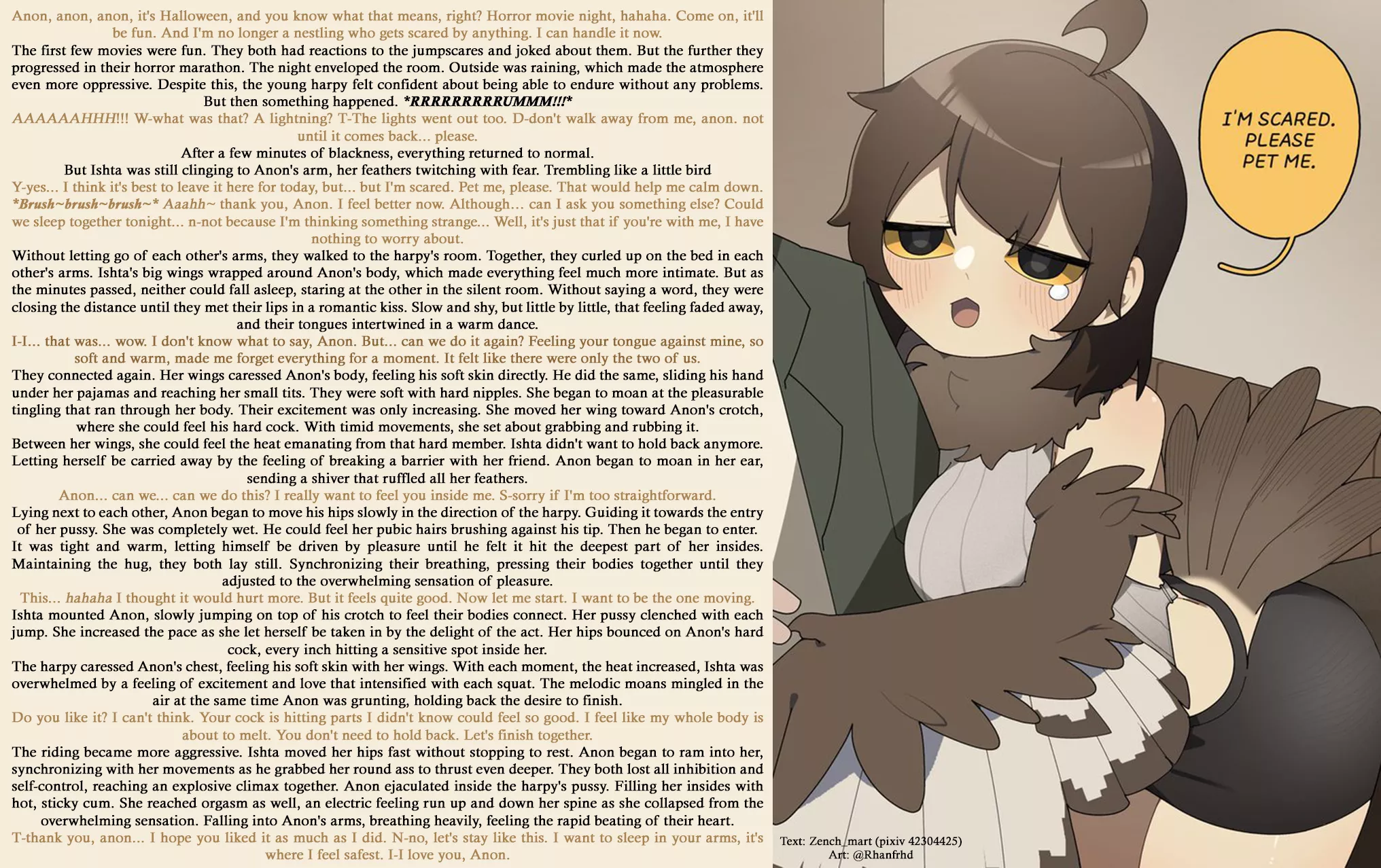 Comforting my friend after a scary movie [Monster girl] [Creampie] [Cute] [Harpy] | Art: @Rhanfrhd_3812