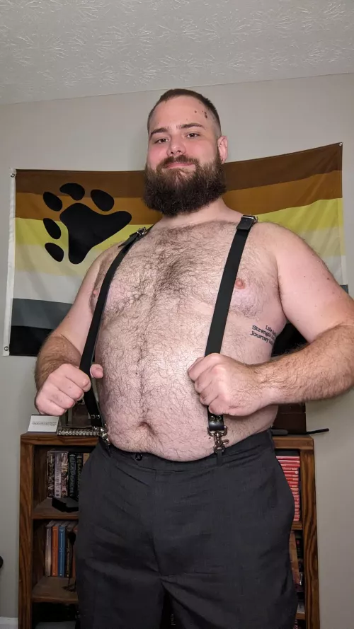 Bear in suspenders
