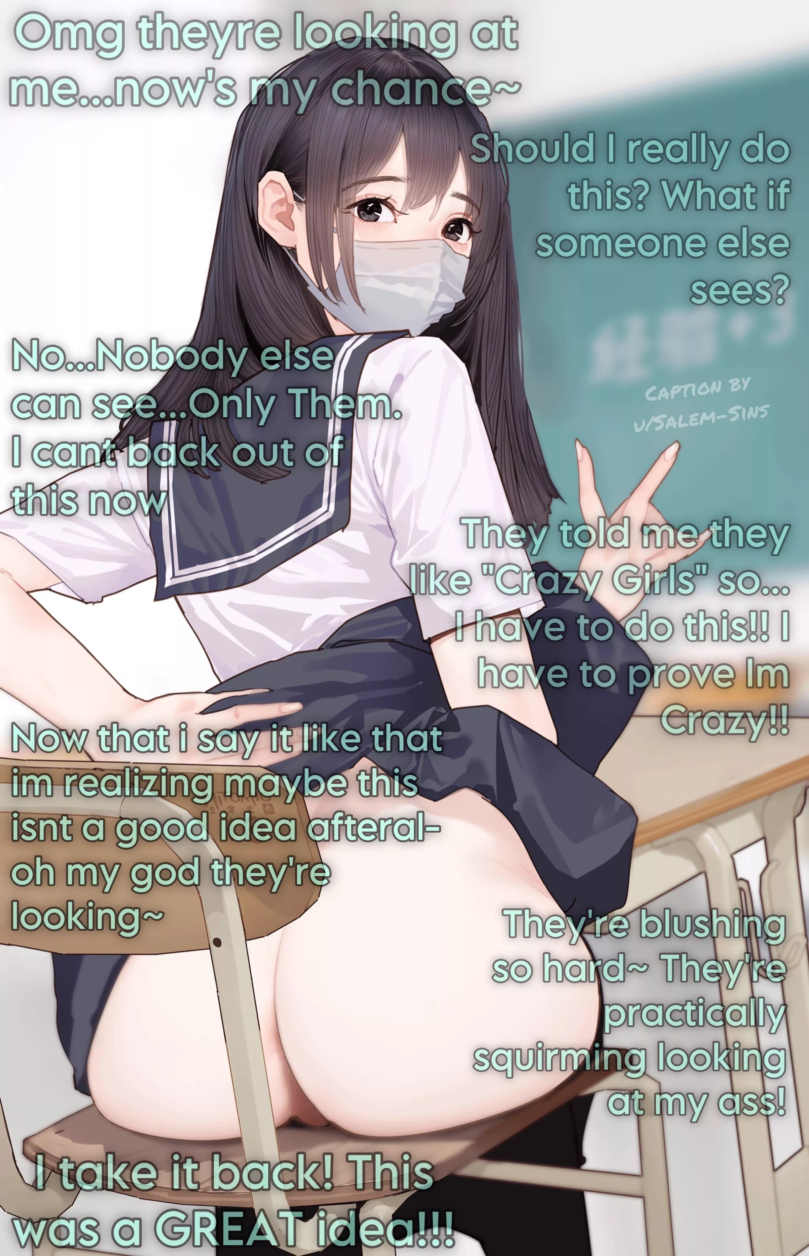 After hearing that you liked “Crazy Girls” your crush decides to flash you in the middle of class [F] [Exhibitionist/Public] [Inner Thoughts] (Artist: Hitomi O)