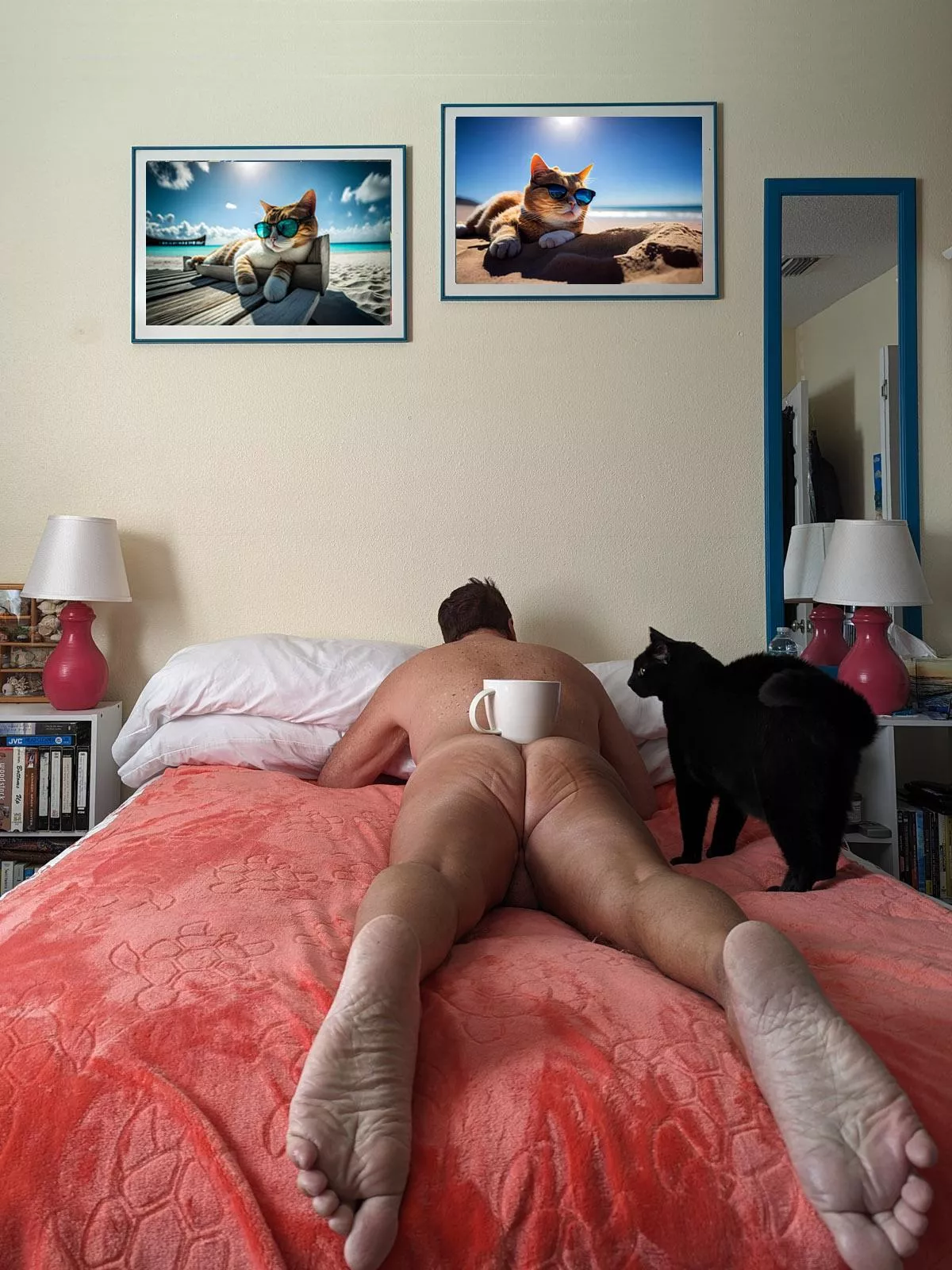 Happy Caturday. Kitty brought me coffee. He's a well trained furball.