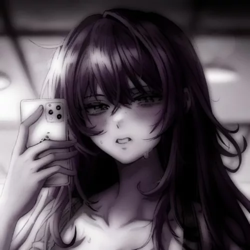 LF Color Source: 1girl, looking at viewer, holding phone, long hair, blush, sweat, bangs, eyes visible through hair, teeth, neck, collarbone