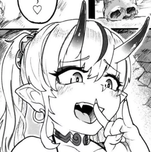 Mono 1girl \n/ bare_shoulders black_bra blush close-up collar demon_girl face fang finger_to_mouth hair_beads hair_between_horns hoop_earring ojou-sama_pose oni open_mouth pointy_ears ponytail portrait sharp_fingernails skull spoken_heart streaked_hair 