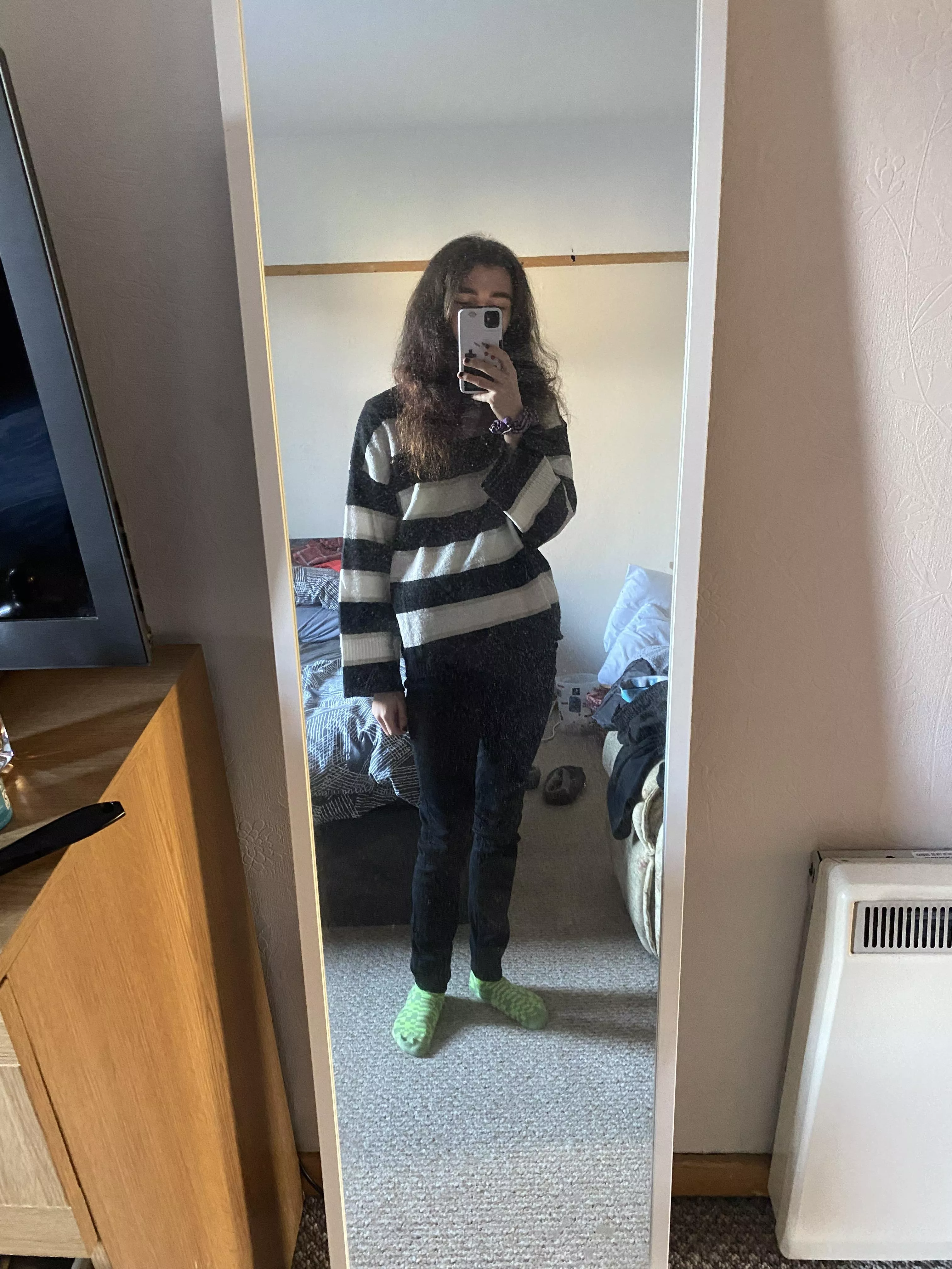 Friend let me try on her clothes :) ignore the minecraft socks lol