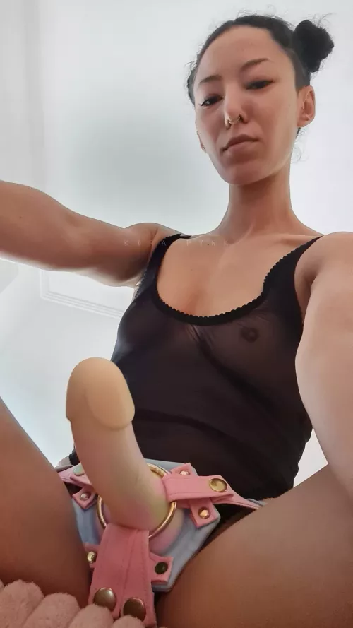 On your knees, tongue out, lick the tip, turn around, face on the floor and spread your cheeks