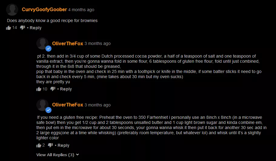 some guy asking for a brownie recipe