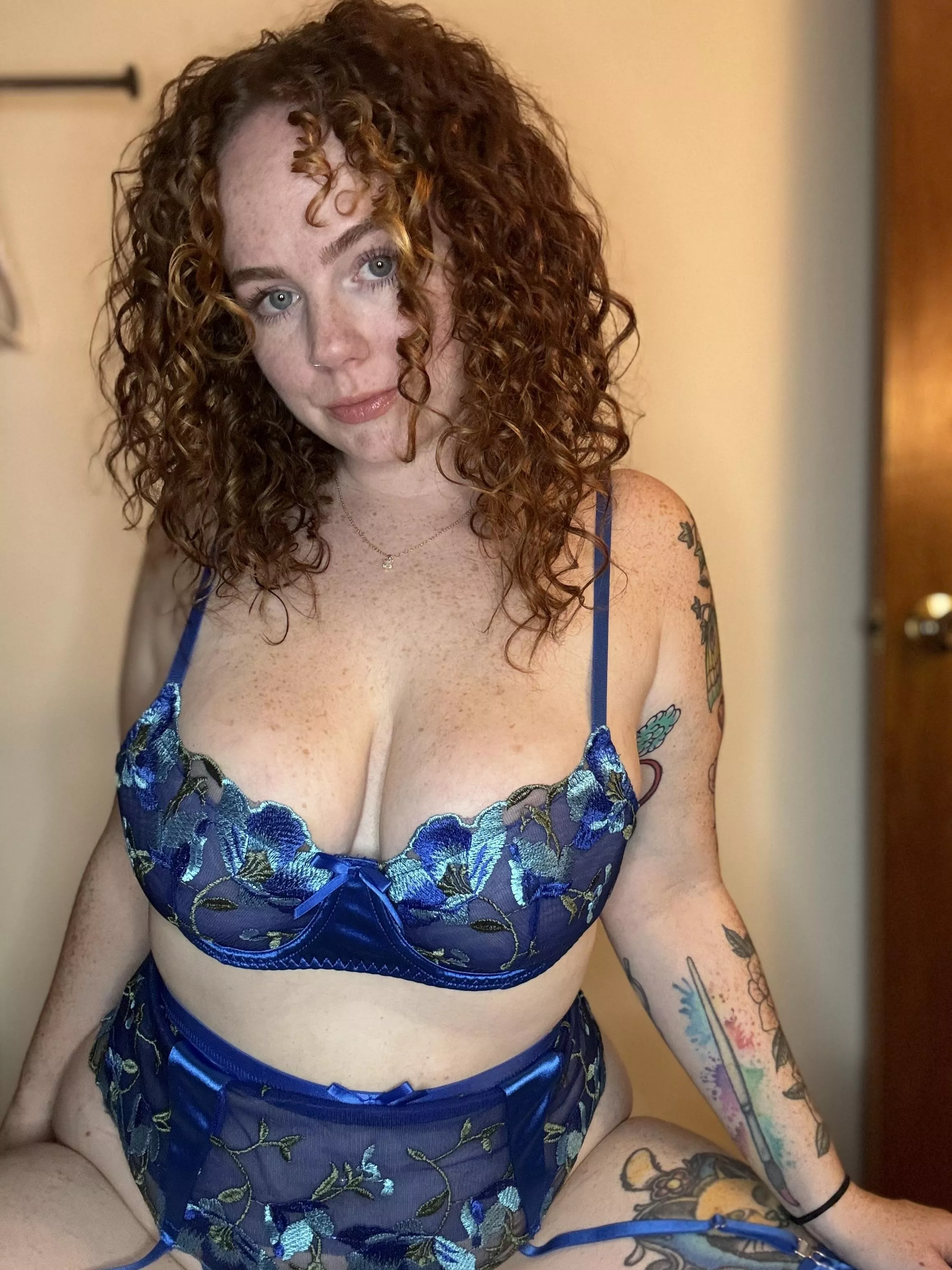 This blue lingerie compliments my freckles and red hair