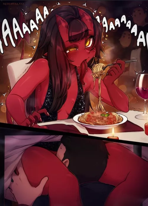 Meru enjoying her spaghetti!