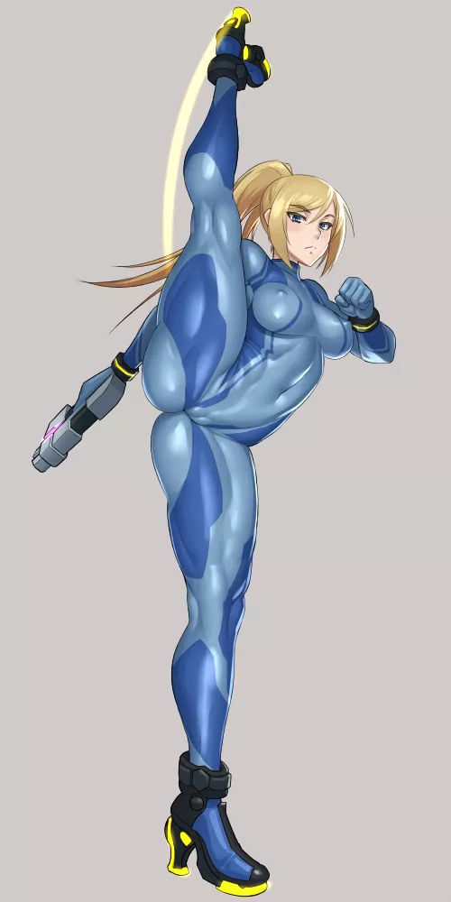 Samus doing a high leg kick