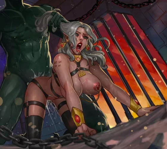 After months in captivity, the Elvish queen had been fully broken in by the Orcs, finally understanding her true place in life as a whore for the horde. (Adoohay)