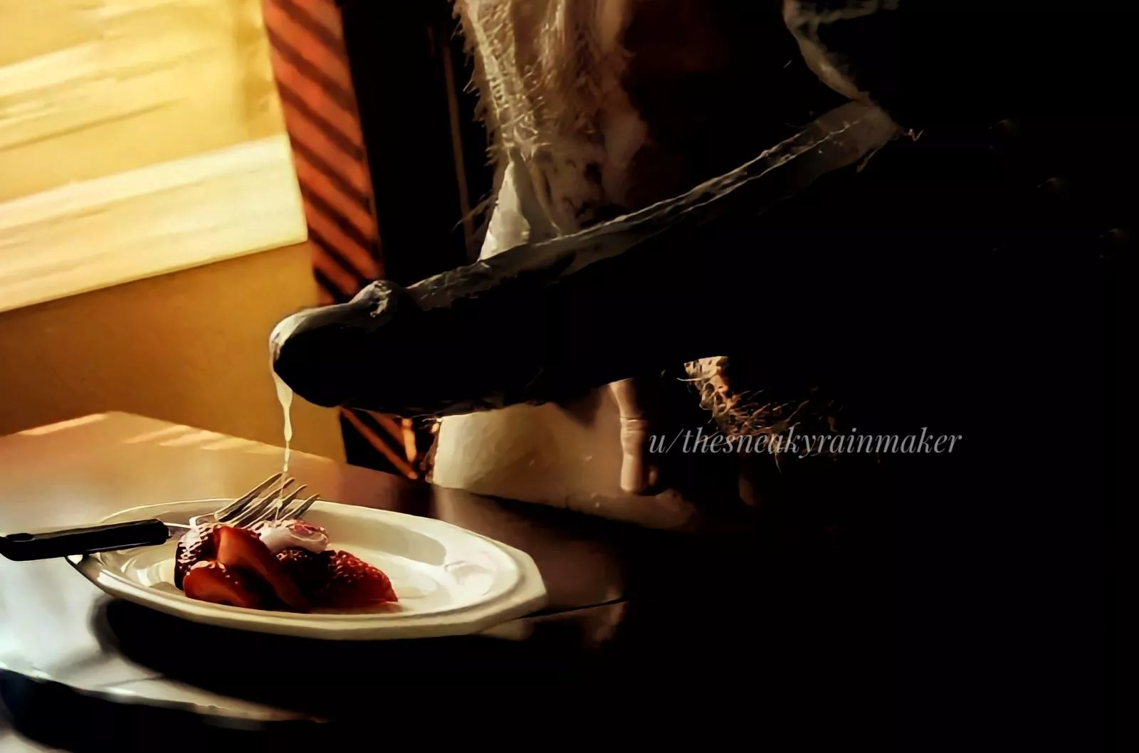 Her favourite breakfast, strawberries topped with my extra thick fresh cum ;)