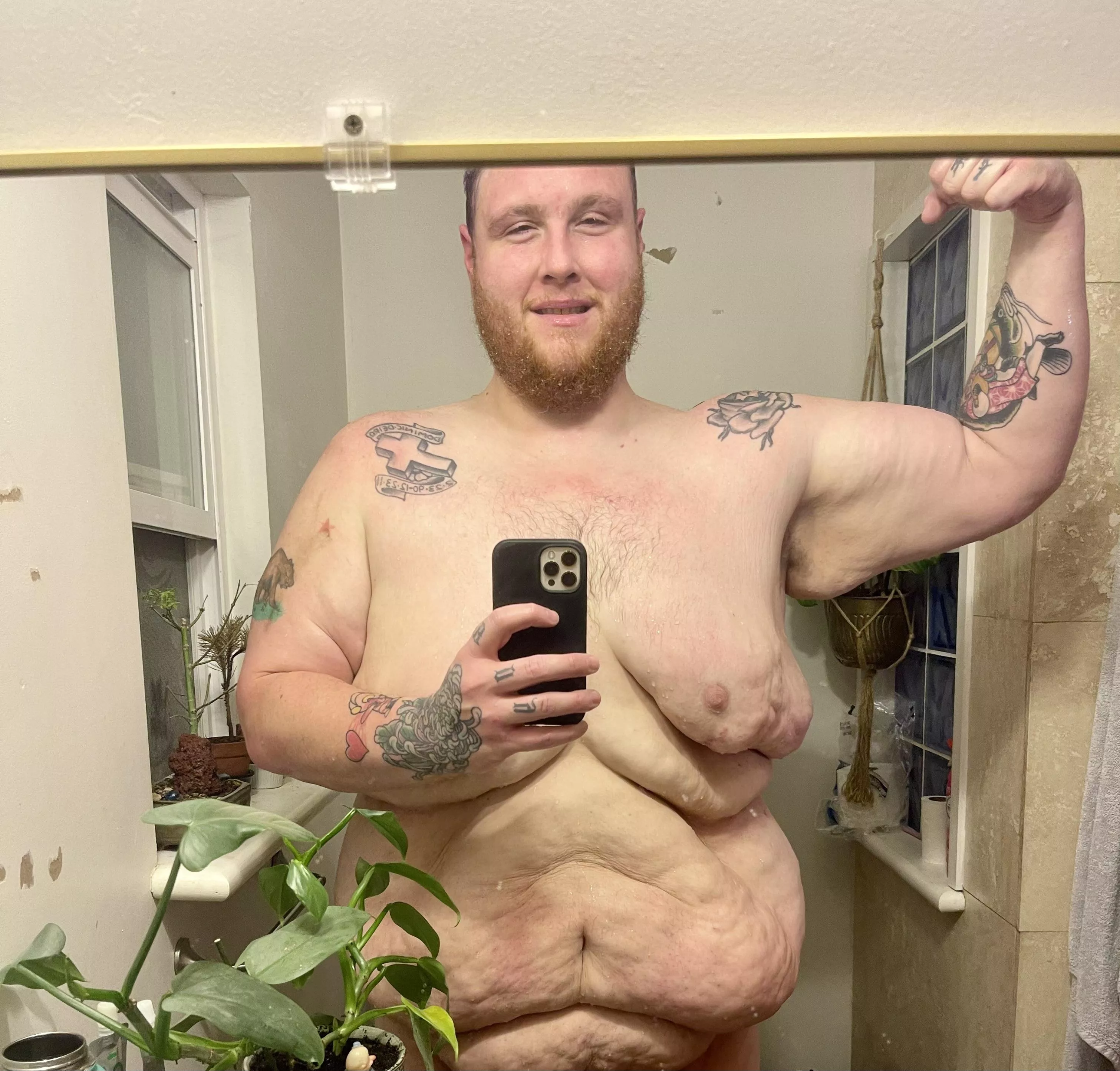 just showered off all the sweat after a long day of yard work