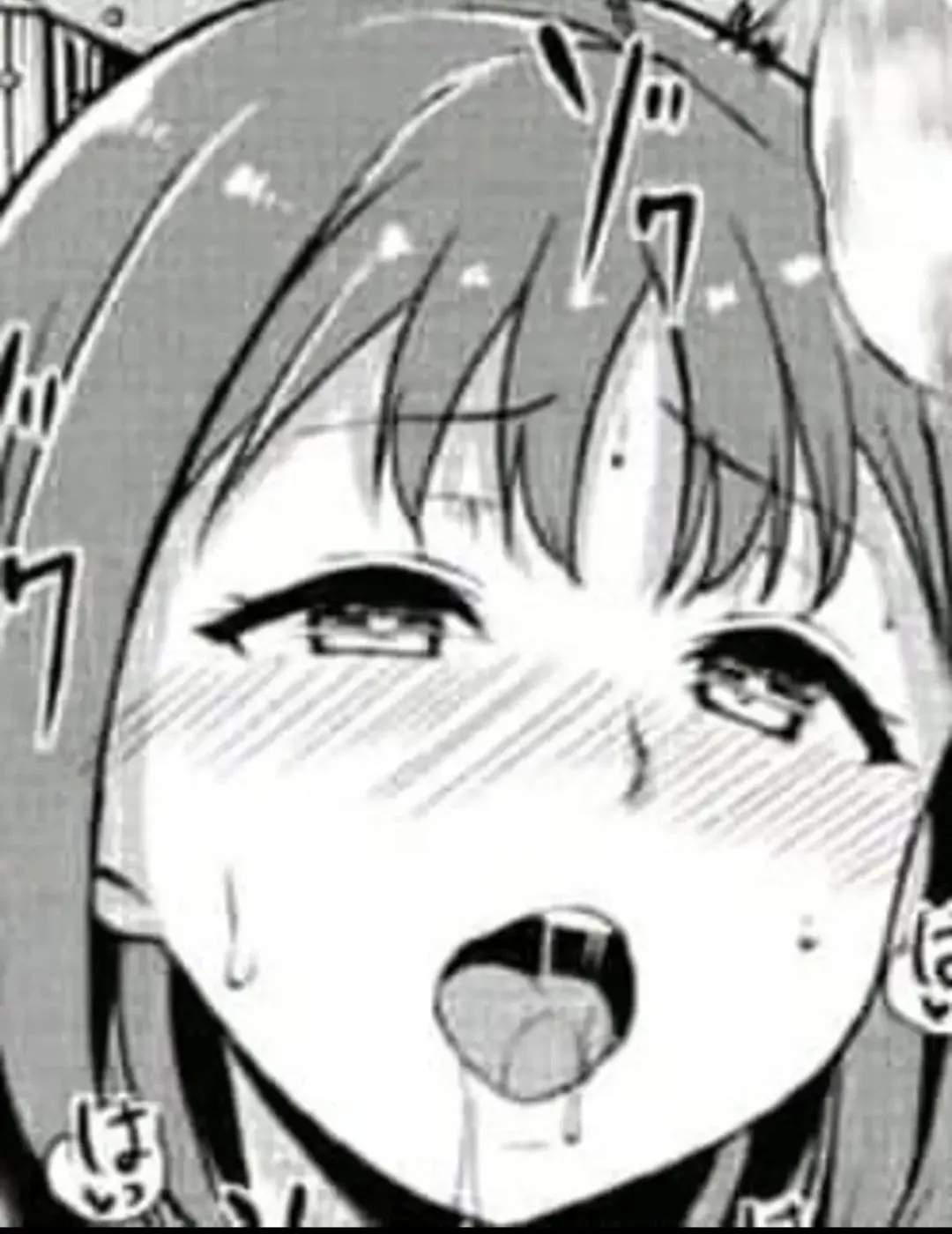 LF mono source: 1girl, foreign sfx, foreign text, sweat, blush, open mouth, drooling, upper teeth only, short hair, hair between eyes, heart shaped pupils