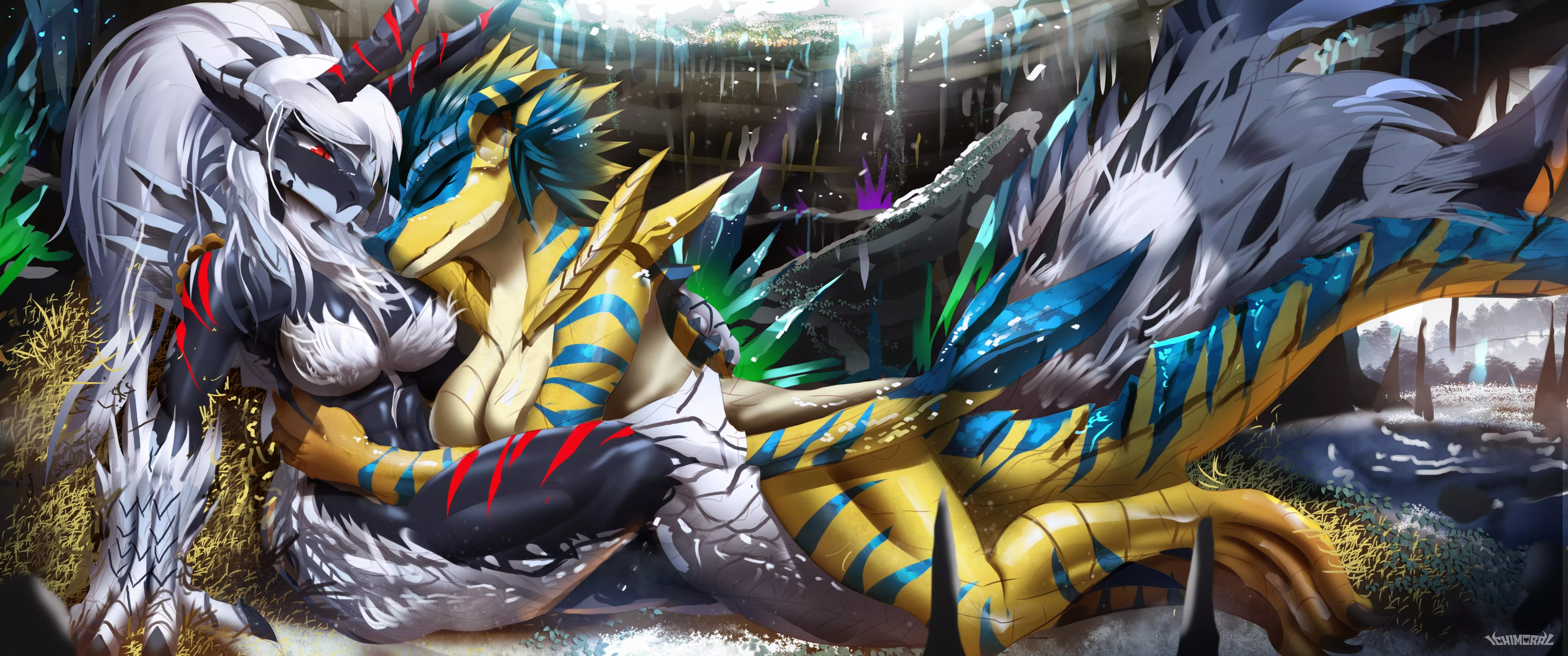 A follower wanted me to design a human female hybrid version of Zinogre and Tigrex cuddling from winter cx (Art by me @ichimoral )