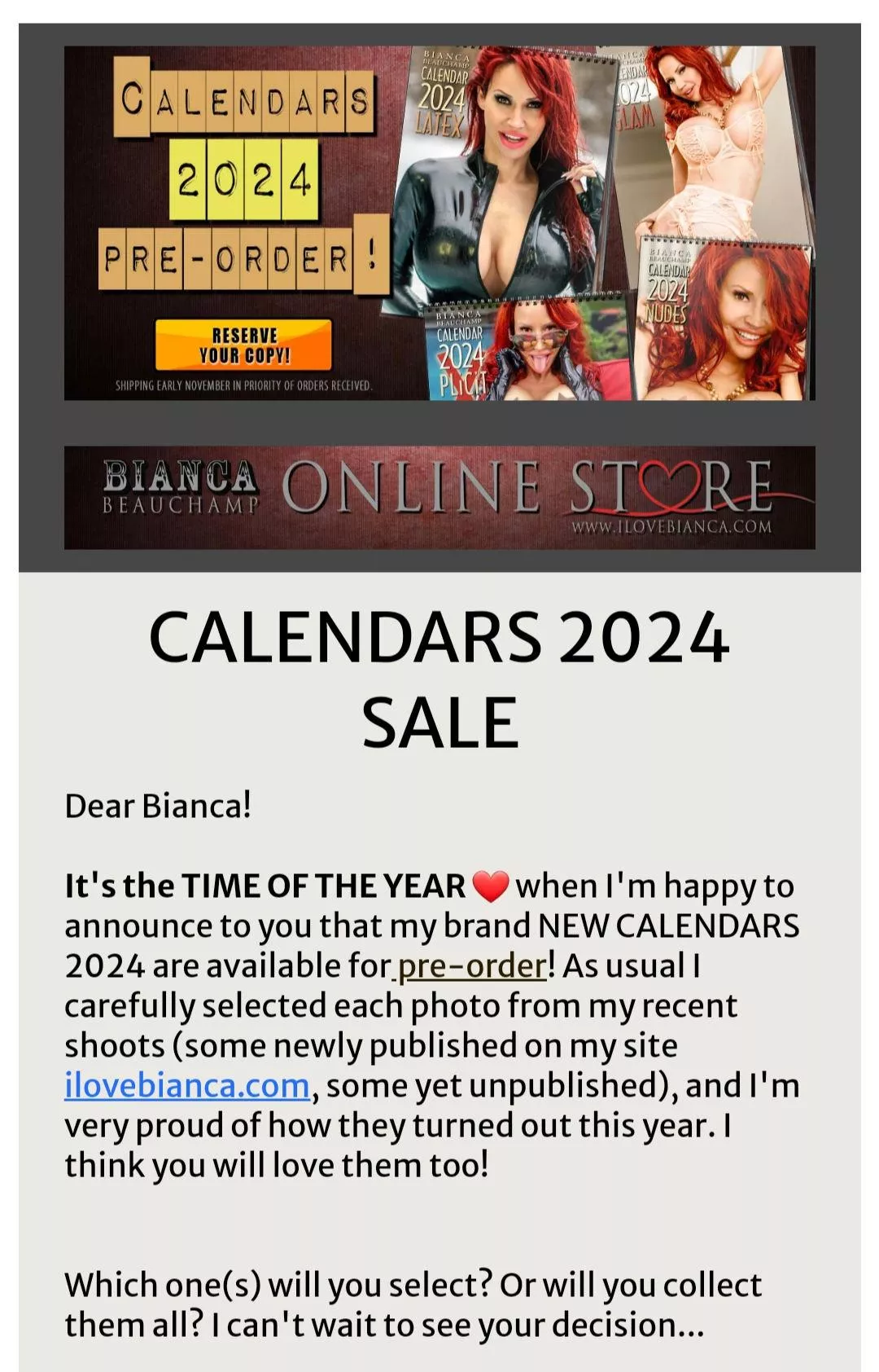 Bianca's hot 2024 calendars are at pre sale price now on her store. She's selling 4 differents calendars. Latex, XPLICIT, NUDES, Glam🥵