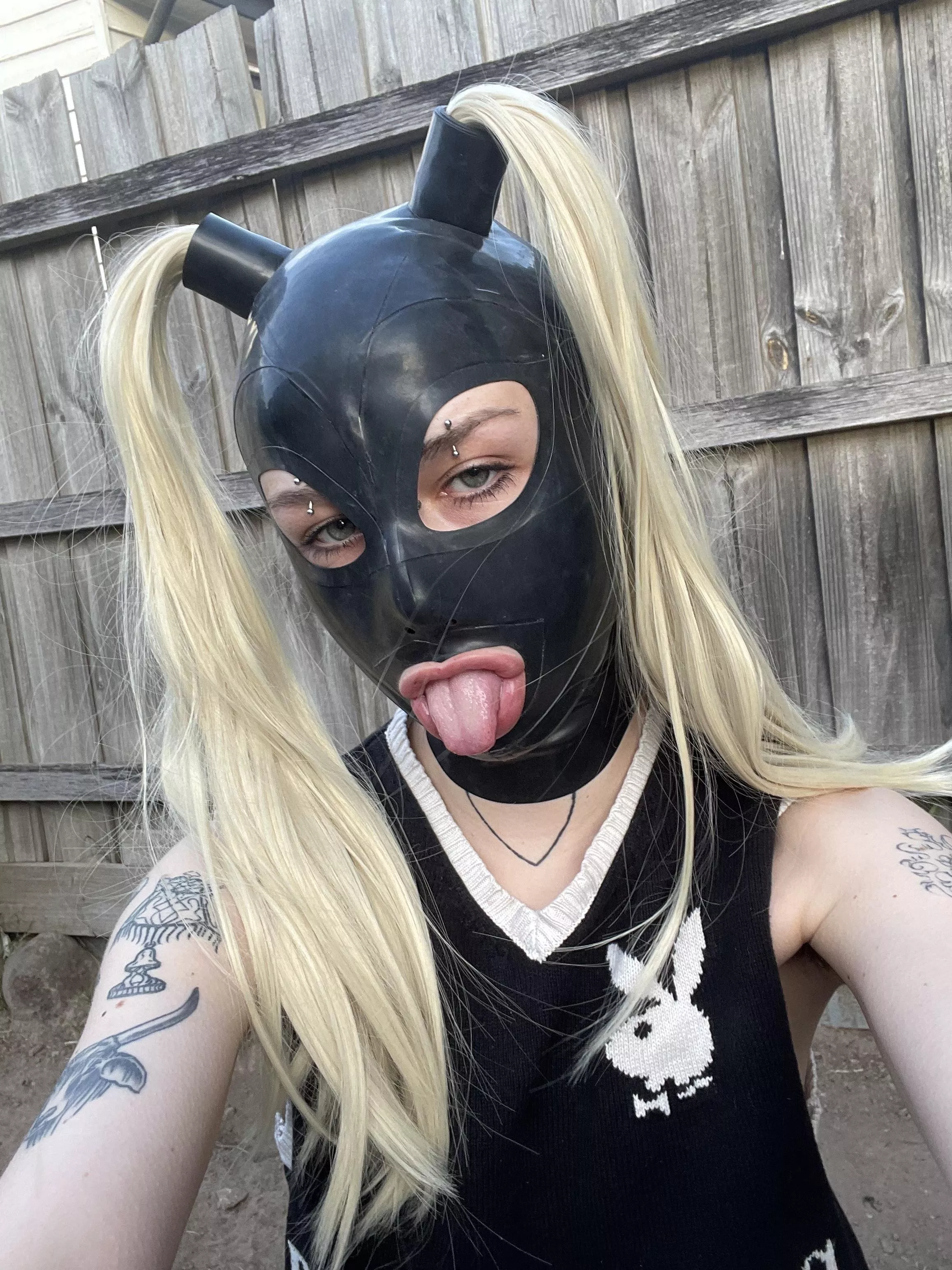 casually trying on my first latex hood, how does it look