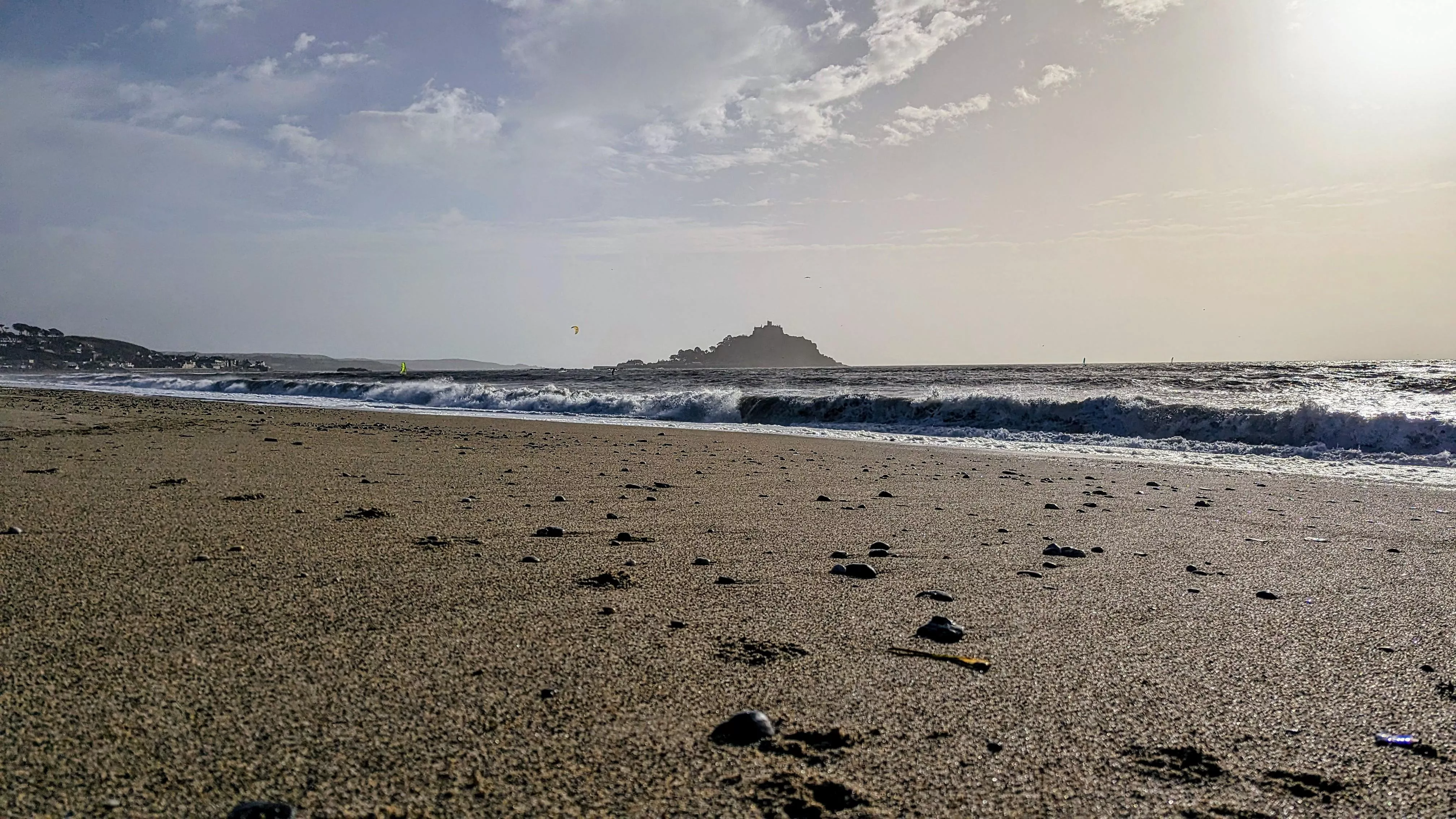 A windy Marazion beach today, looking out to St.Michael's Mount, Cornwall UK.