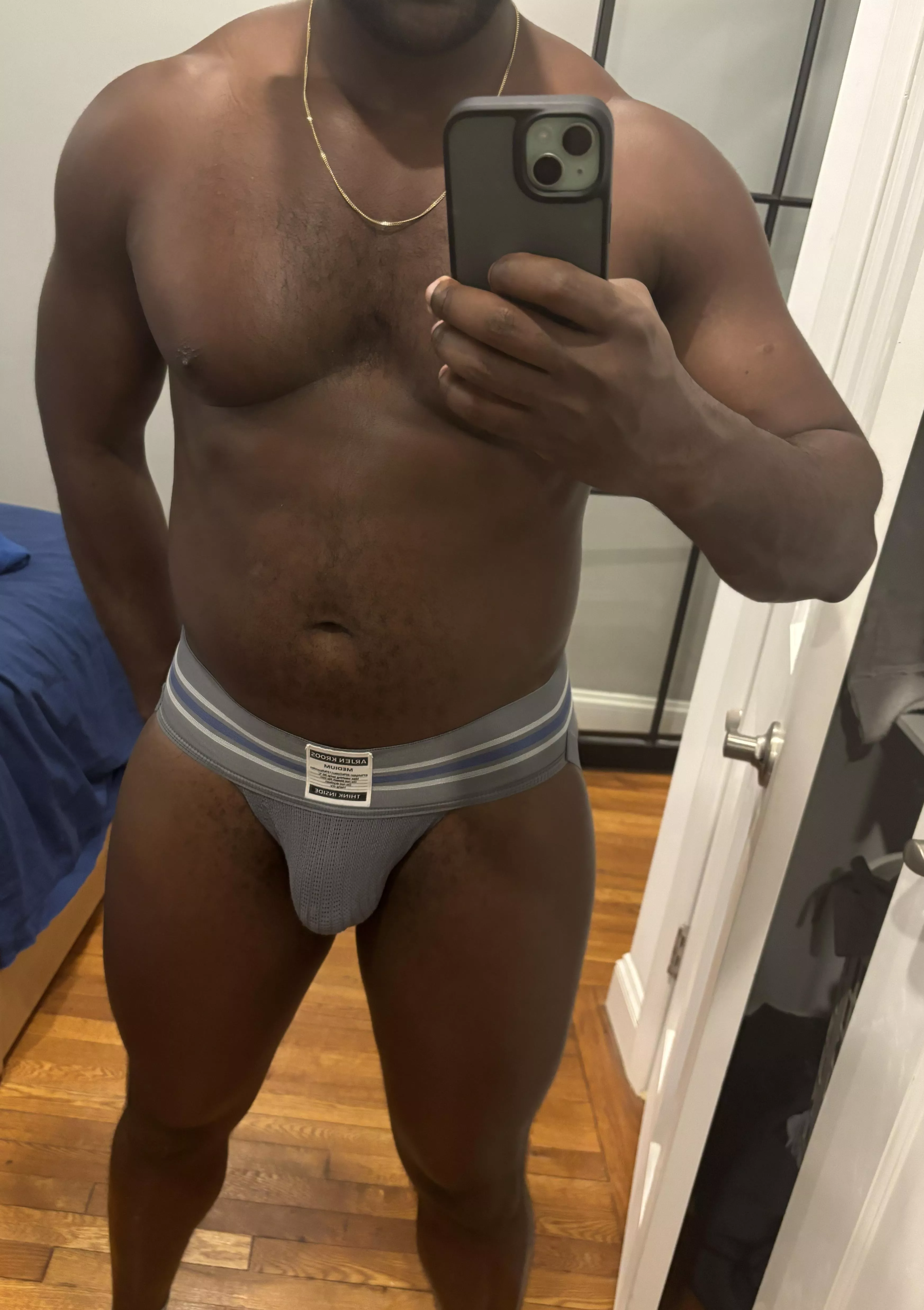 Trying on the new jockstrap