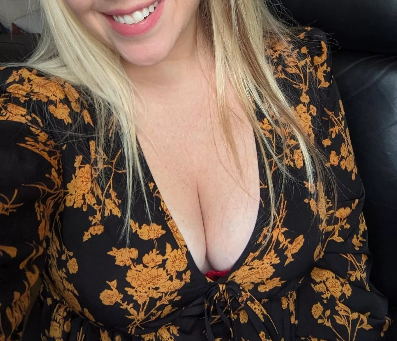 Blonde and all smiles when I think of you staring at my tits