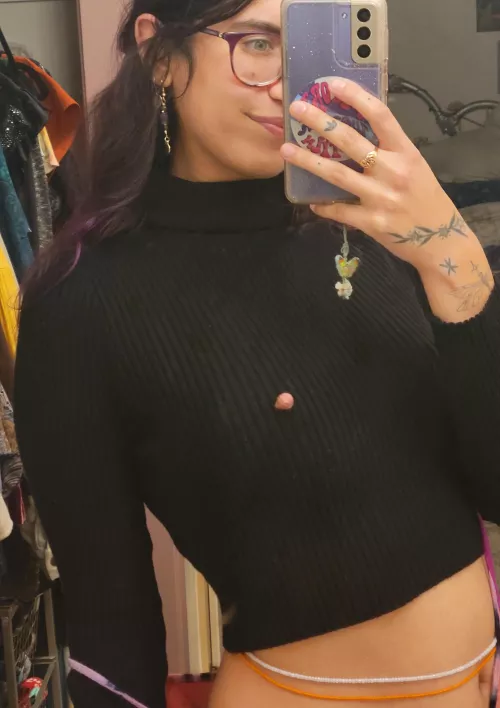 It's so cold my nipple cut through my turtleneck