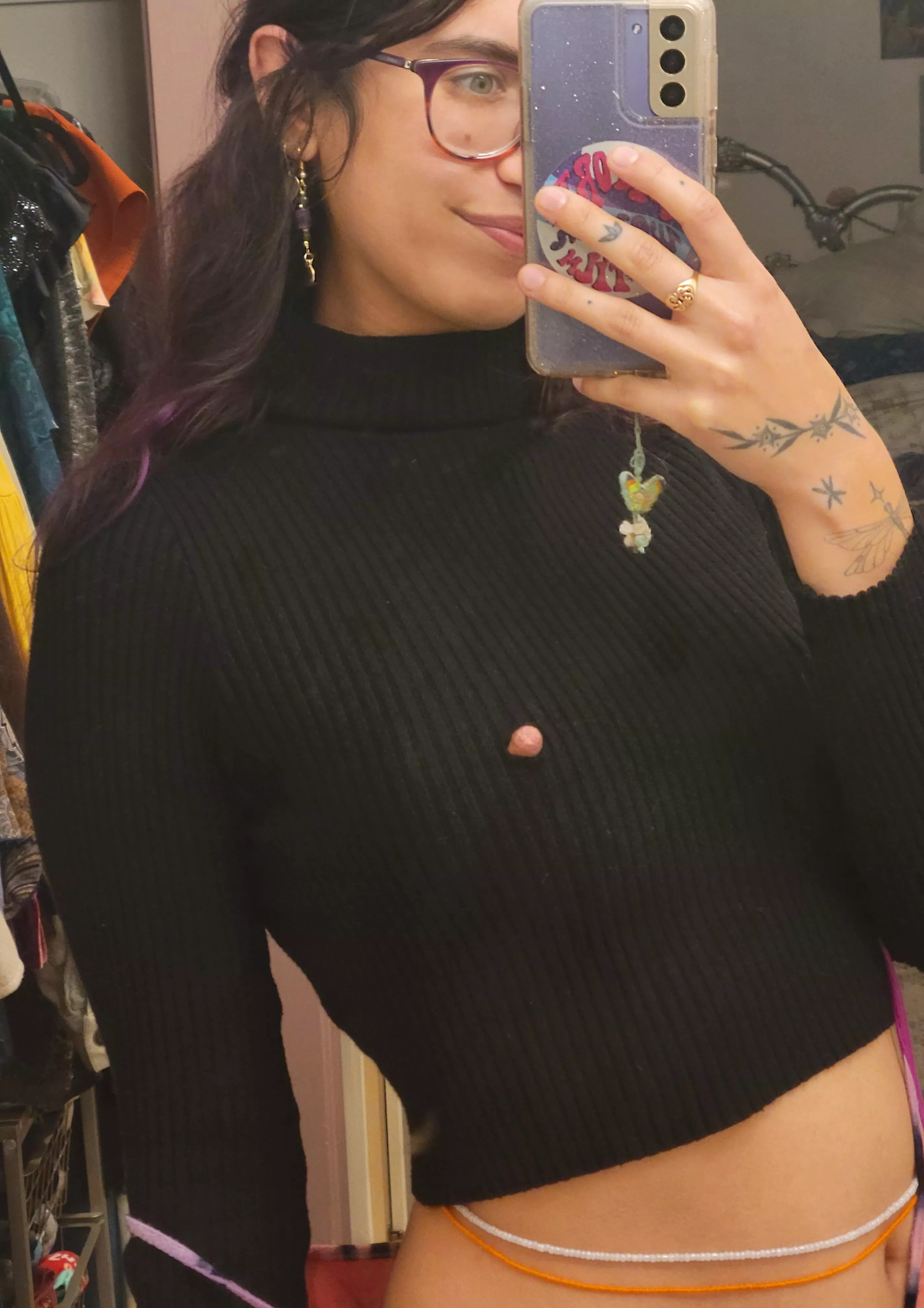 It's so cold my nipple cut through my turtleneck