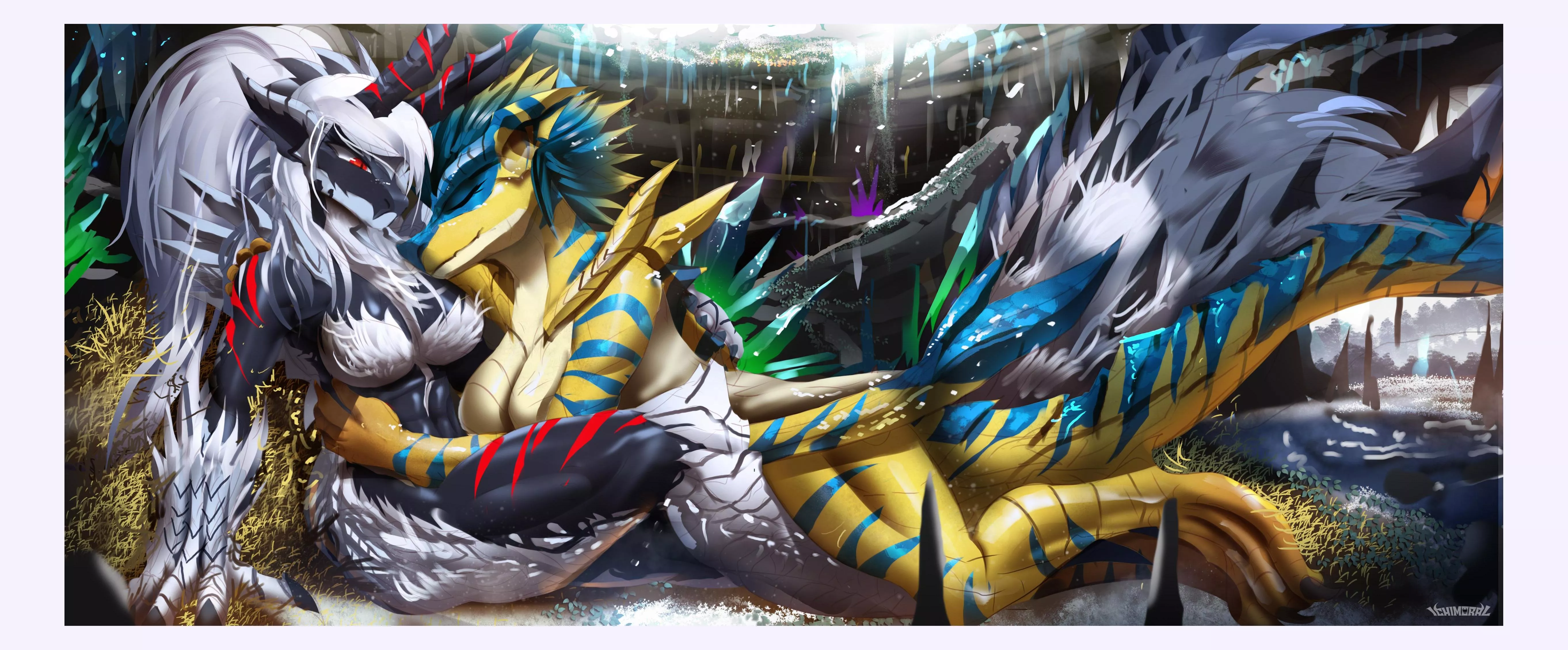 A follower wanted me to design a human female hybrid version of Zinogre and Tigrex cuddling from winter cx (Art by me @ichimoral )