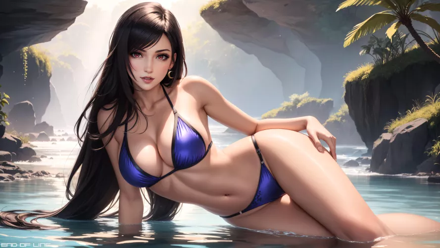 Commissioned by a redditor: Tifa in Costa del Sol in a mature dress themed bikini. 8k Wallpaper. AI with photoshop and editing by me.