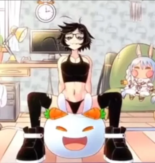 LF color source 1girl, black bra, black panties, black leggings, black shoes, bouncing, bunny pillow, bedroom