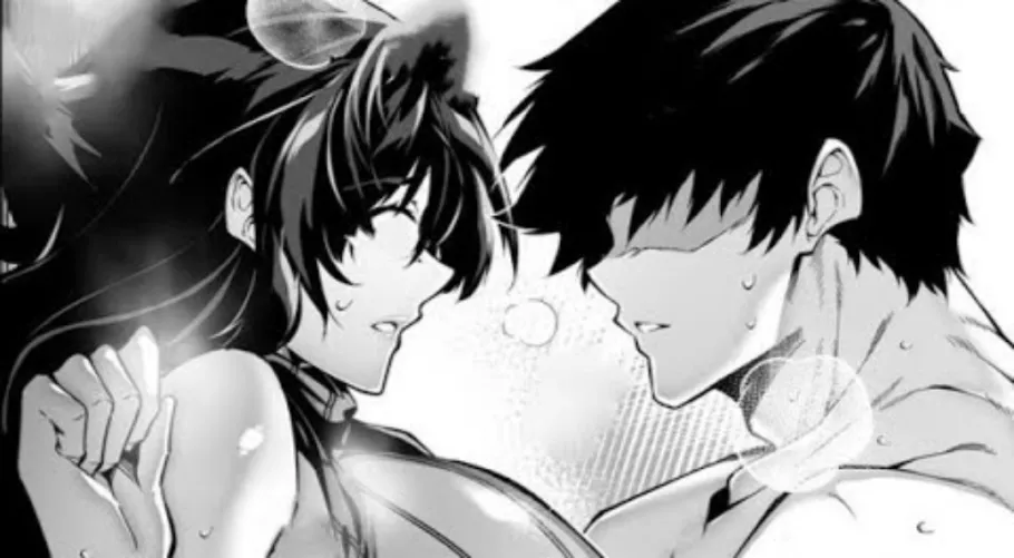 Mono 1boy 1girl bare_arms bare_shoulders black_hair boy_on_top breath clenched_hand close-up closed_eyes face faceless_male from_side hair_between_eyes hand_up large_breasts long_hair mature_female/milf muscular_male no_eyes open_mouth parted_lips short_