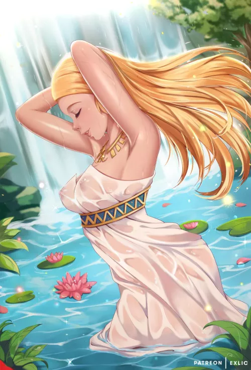 Zelda cooling off in a waterfall! (ExLic)