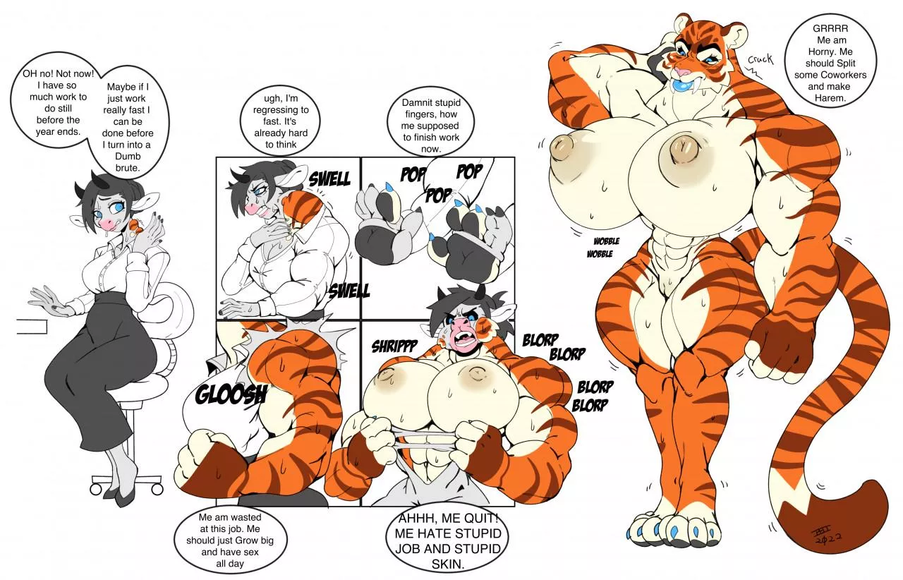 Cow Tiger Skinsplit [Petite Cow Girl -> Dommy Sabretooth Tiger Mix, Muscle, Bimbofication] by scaryface