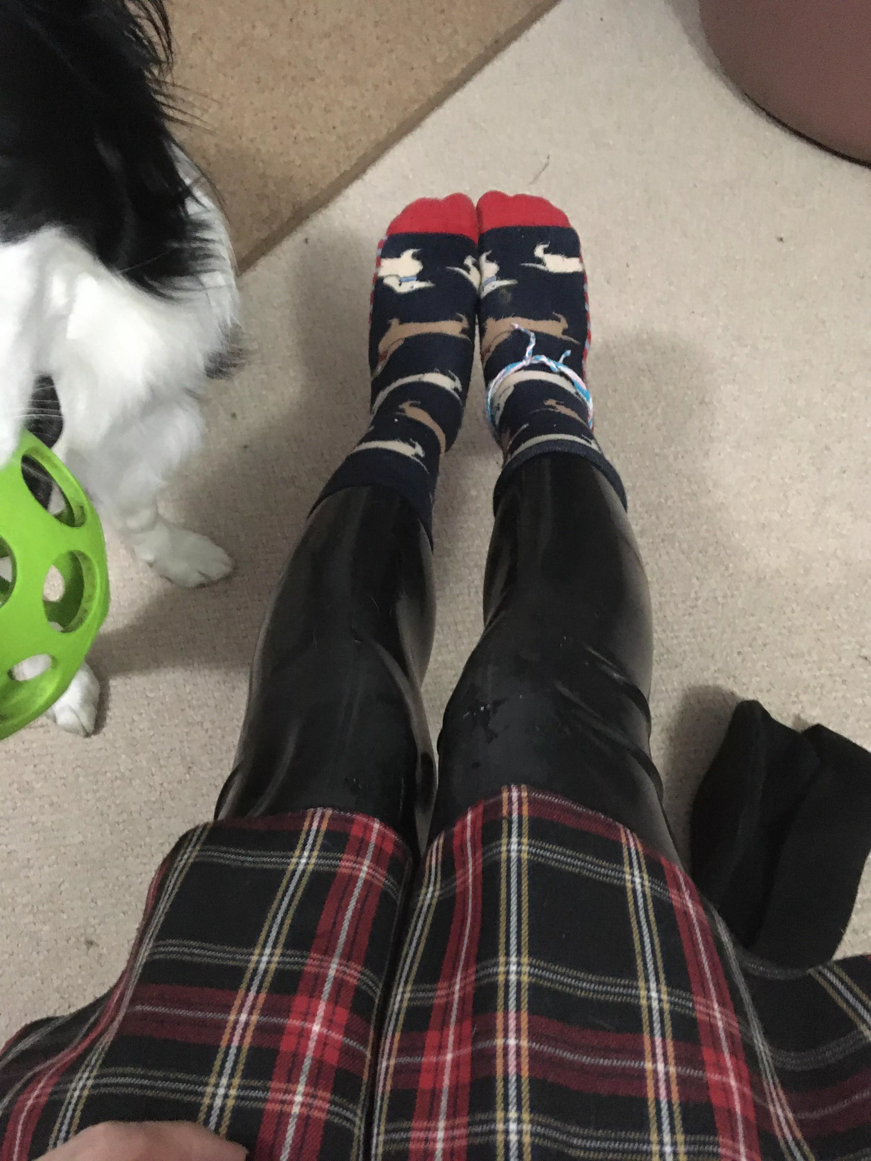 Latex stockings under skirt!