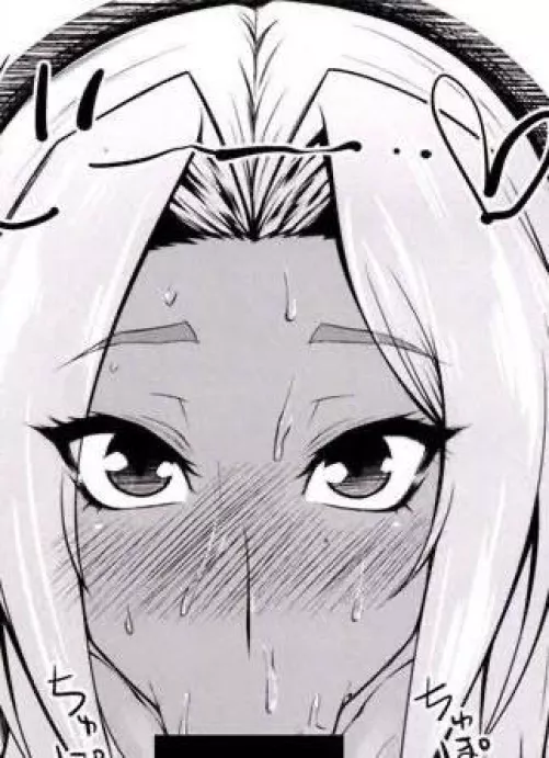 LF Mono Source: POV, white hair, 1girl, implied fellatio, fellatio, blushing, looking at viewer, tanned, dark skin, :>=, heart, black eyes, long hair, black bar censorship, sweating