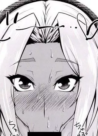 LF Mono Source: POV, white hair, 1girl, implied fellatio, fellatio, blushing, looking at viewer, tanned, dark skin, :>=, heart, black eyes, long hair, black bar censorship, sweating