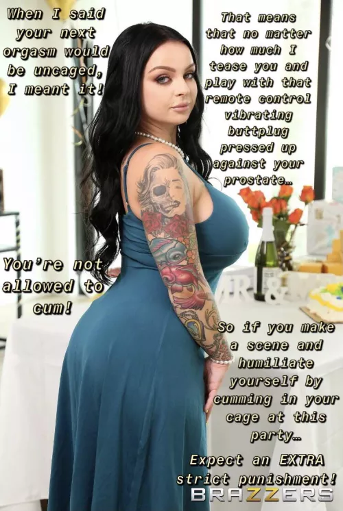 Caged and plugged during the party, endure the teasing without cumming in your cage and you’ll get unlocked for a reward!