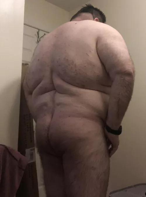 Rear view birthday suit.