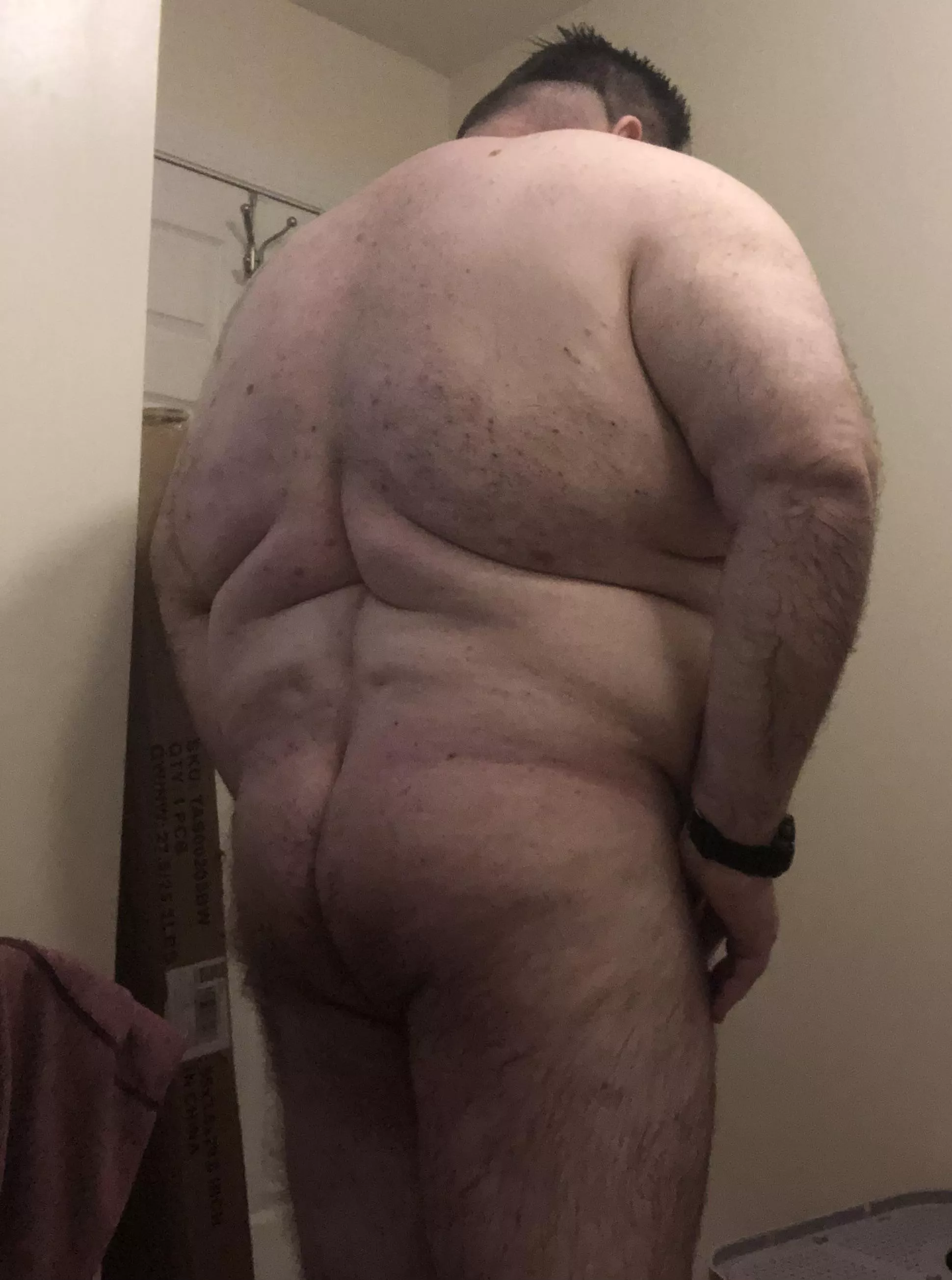 Rear view birthday suit.