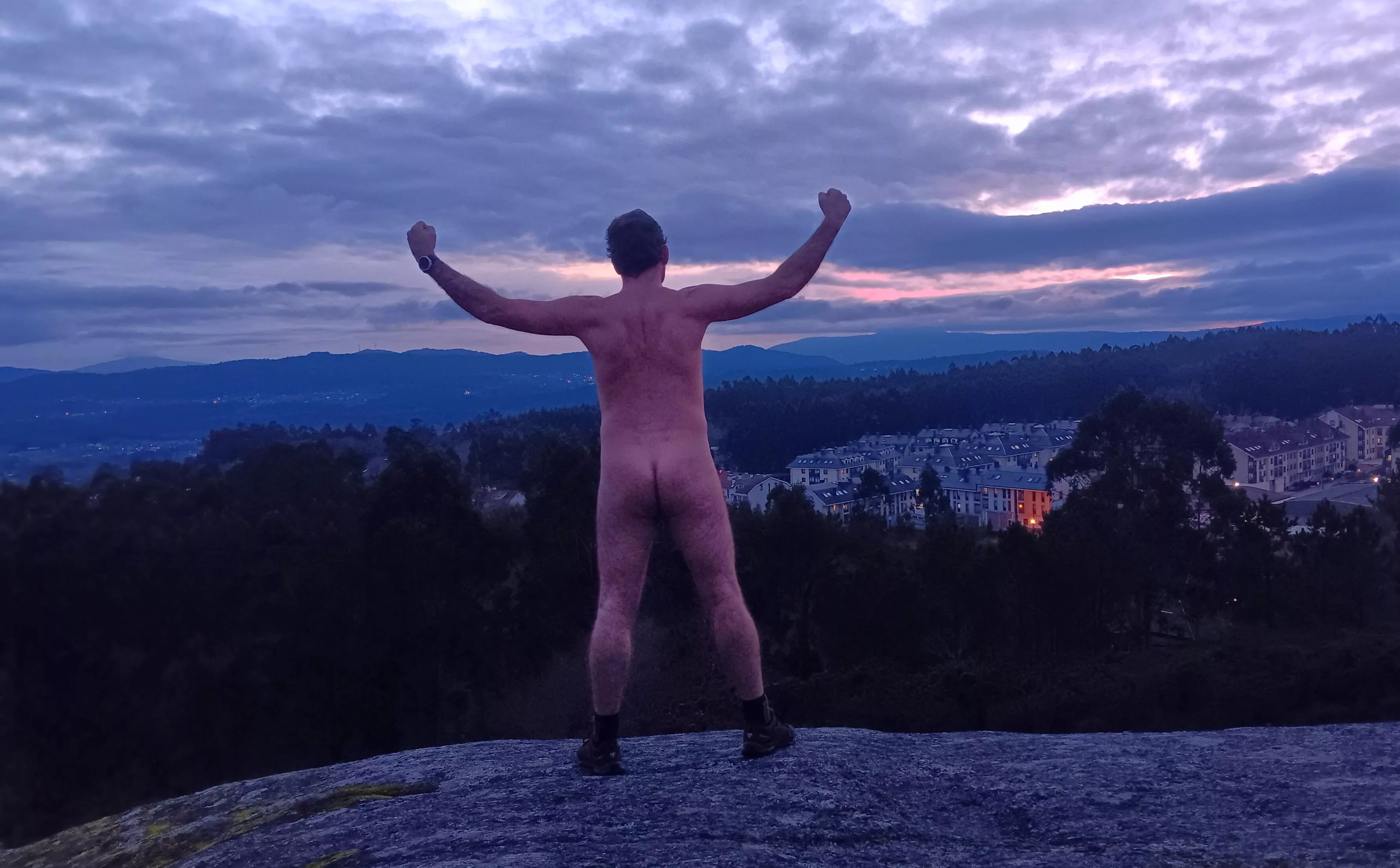 Urban nudism. Sunset hunter, winter time.