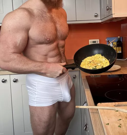 Cooking up breakfast in the morning in my fresh whites